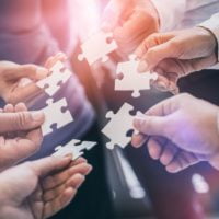 A group of hands holding jigsaw pieces