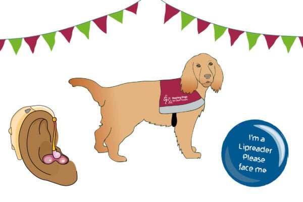 Hearing dog, lipreading pin badge and ear wearing a hearing aid